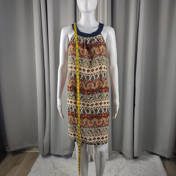 A. Byer Sleeveless Boho Print Shift Dress Navy Trim Keyhole Back Size M - Picture 6 of 13